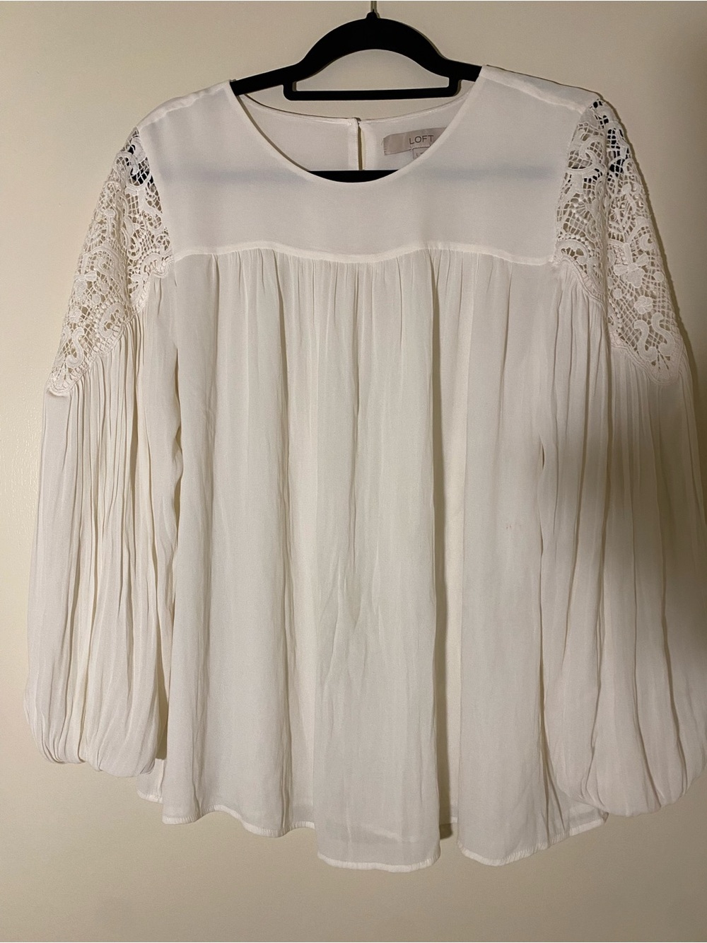 LOFT Cream Lace-Yoke Pleated Long-Sleeve Blouse